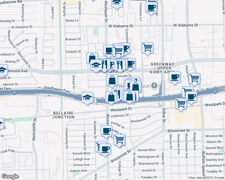 map of restaurants, bars, coffee shops, grocery stores, and more near 24 Greenway Plaza in Houston