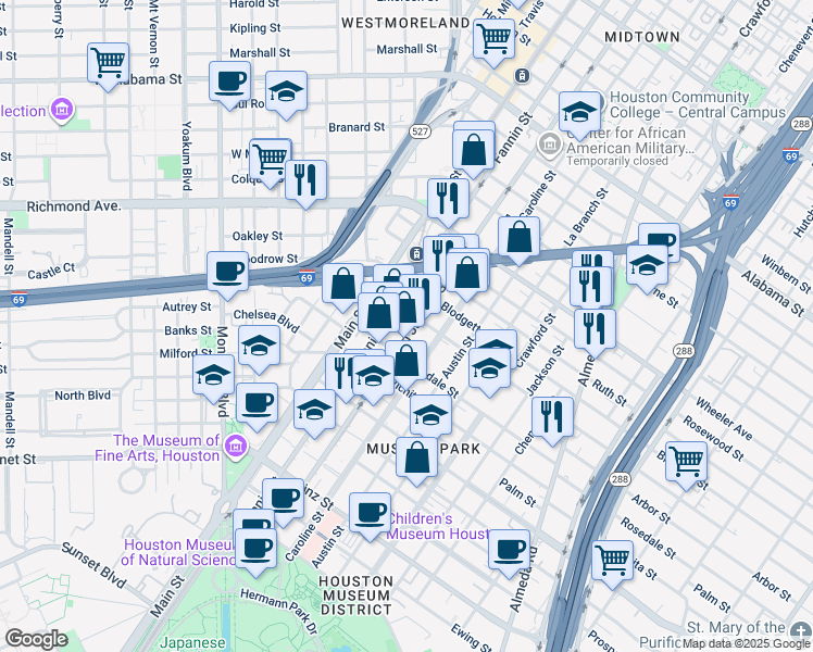 map of restaurants, bars, coffee shops, grocery stores, and more near 4815 San Jacinto Street in Houston