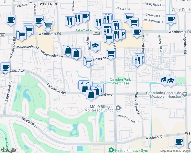 map of restaurants, bars, coffee shops, grocery stores, and more near 3131 Hayes Road in Houston