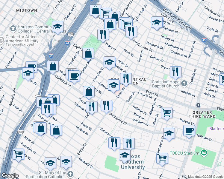 map of restaurants, bars, coffee shops, grocery stores, and more near 2820 Holman Street in Houston