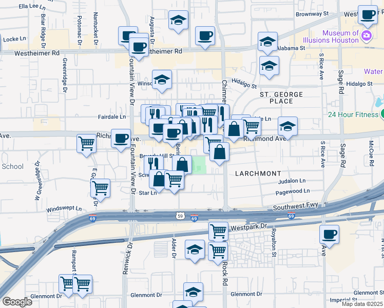 map of restaurants, bars, coffee shops, grocery stores, and more near 3210 West Park At Beverly Hills in Houston