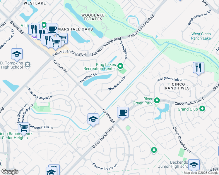 map of restaurants, bars, coffee shops, grocery stores, and more near 25814 Westbourne Drive in Katy