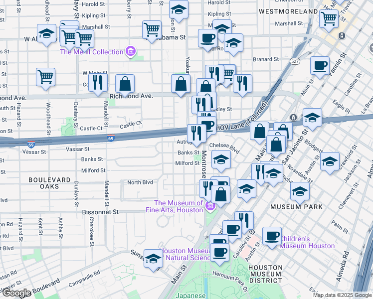 map of restaurants, bars, coffee shops, grocery stores, and more near 1116 Banks Street in Houston