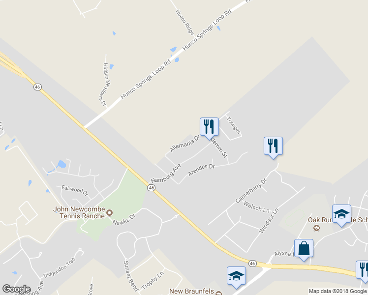 map of restaurants, bars, coffee shops, grocery stores, and more near 242 Allemania Drive in New Braunfels