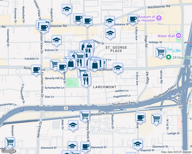 map of restaurants, bars, coffee shops, grocery stores, and more near 5555 Beverly Hill Street in Houston