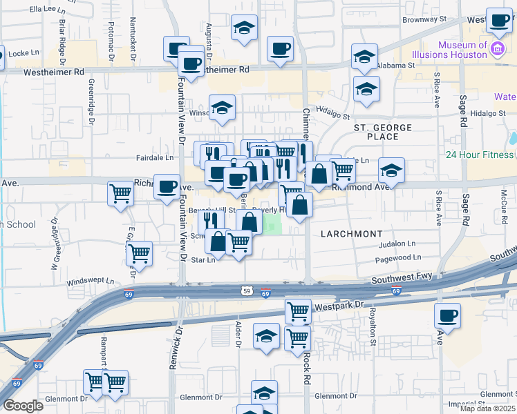map of restaurants, bars, coffee shops, grocery stores, and more near 3210 West Park At Beverly Hills in Houston
