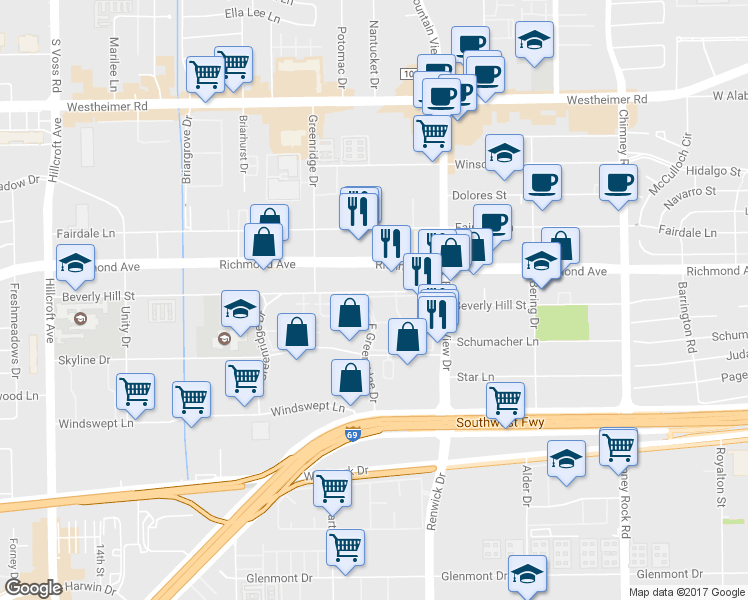 map of restaurants, bars, coffee shops, grocery stores, and more near 31 East Greenridge Drive in Houston