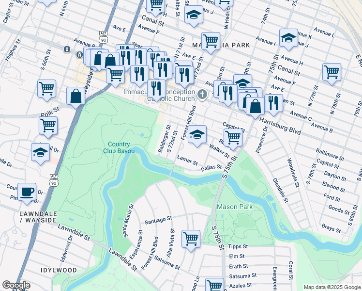 map of restaurants, bars, coffee shops, grocery stores, and more near 321 Forest Hill Boulevard in Houston