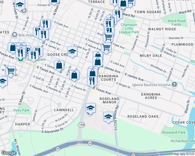 map of restaurants, bars, coffee shops, grocery stores, and more near 308 N Alexander Dr in Baytown