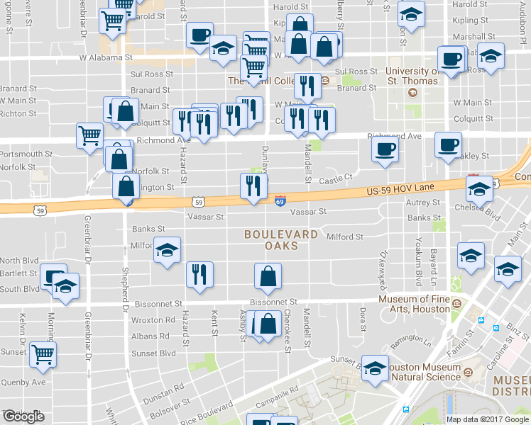 map of restaurants, bars, coffee shops, grocery stores, and more near Dunlavy St & Vassar St in Houston