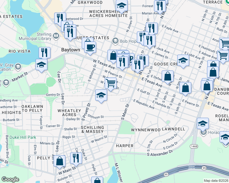 map of restaurants, bars, coffee shops, grocery stores, and more near 200 West Republic Street in Baytown