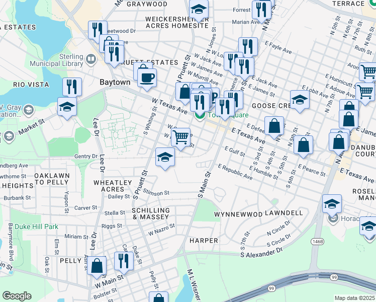 map of restaurants, bars, coffee shops, grocery stores, and more near 200 West Republic Street in Baytown