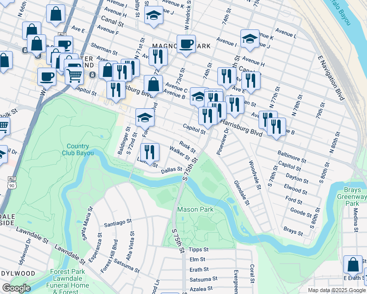 map of restaurants, bars, coffee shops, grocery stores, and more near 7427 Walker Street in Houston