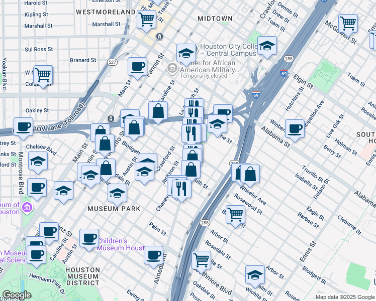 map of restaurants, bars, coffee shops, grocery stores, and more near 1615 Rosewood Street in Houston