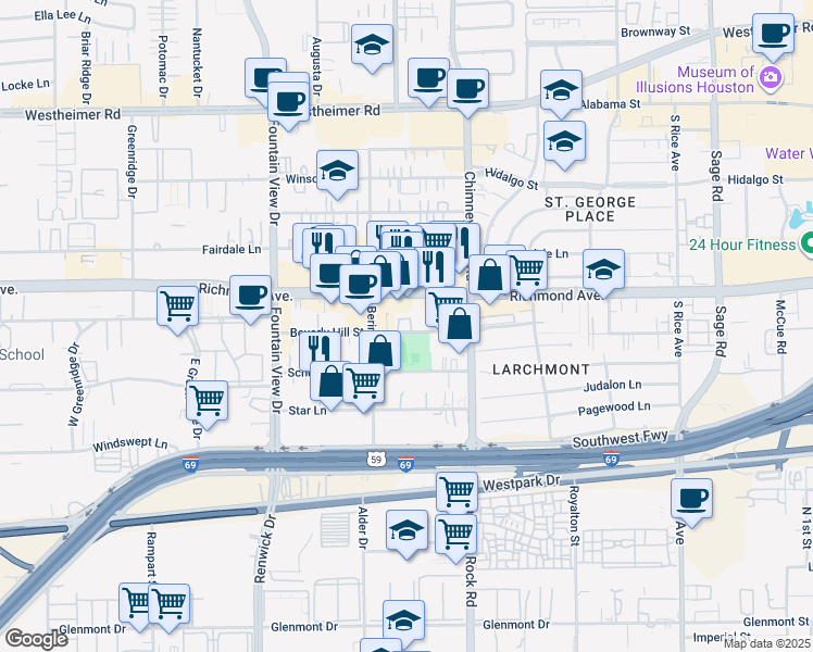map of restaurants, bars, coffee shops, grocery stores, and more near 3210 West Park At Beverly Hills in Houston