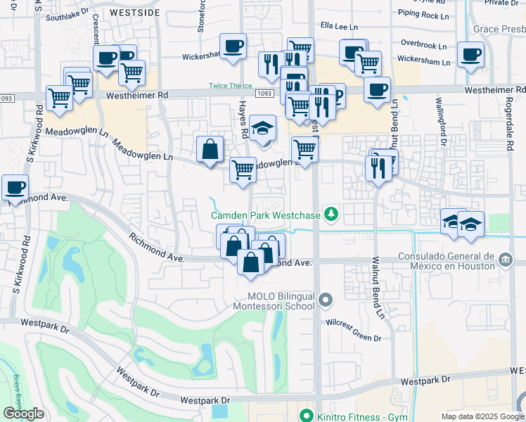 map of restaurants, bars, coffee shops, grocery stores, and more near 3131 Hayes Road in Houston