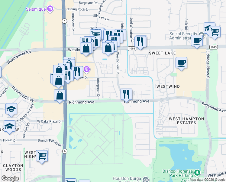 map of restaurants, bars, coffee shops, grocery stores, and more near 2818 Cresthollow Lane in Houston