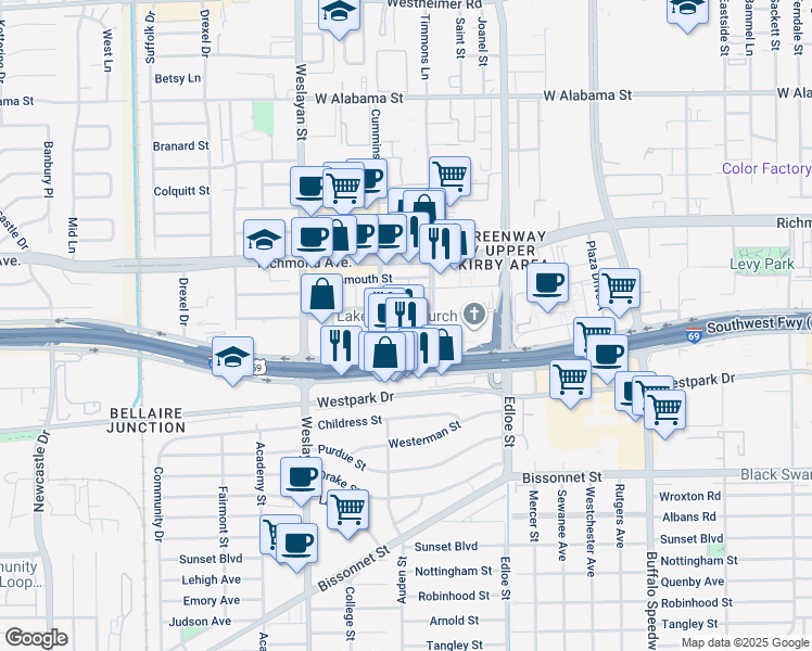 map of restaurants, bars, coffee shops, grocery stores, and more near 3833 Cummins Street in Houston
