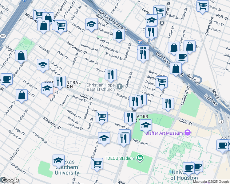 map of restaurants, bars, coffee shops, grocery stores, and more near 3418 Rosalie Street in Houston