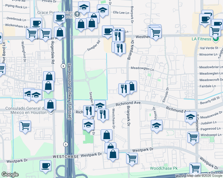 map of restaurants, bars, coffee shops, grocery stores, and more near 3211 Holly Shores Drive in Houston