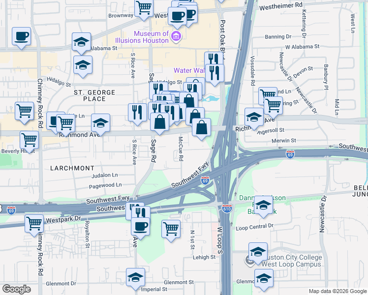 map of restaurants, bars, coffee shops, grocery stores, and more near 3323 McCue Road in Houston