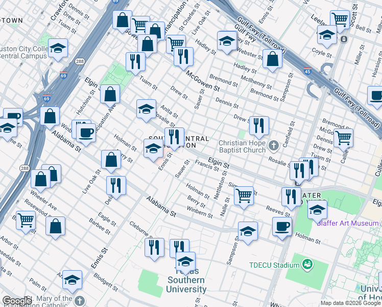 map of restaurants, bars, coffee shops, grocery stores, and more near 3026 Francis Street in Houston