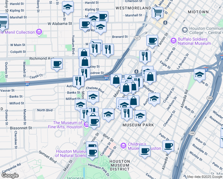 map of restaurants, bars, coffee shops, grocery stores, and more near 900 Rosedale Street in Houston