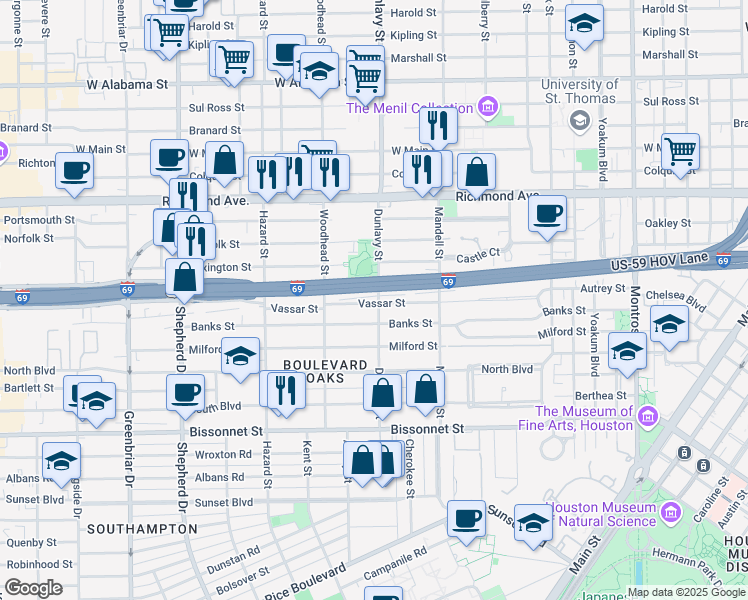 map of restaurants, bars, coffee shops, grocery stores, and more near 1715 Vassar Street in Houston