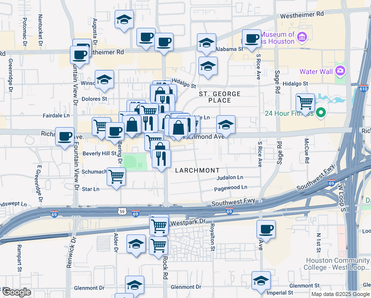 map of restaurants, bars, coffee shops, grocery stores, and more near 5555 Beverly Hill Street in Houston