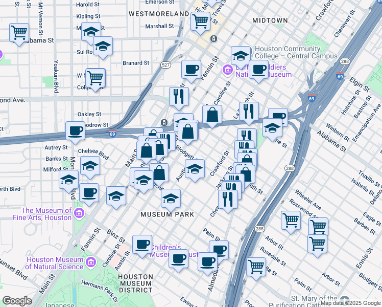 map of restaurants, bars, coffee shops, grocery stores, and more near 4616 Austin Street in Houston