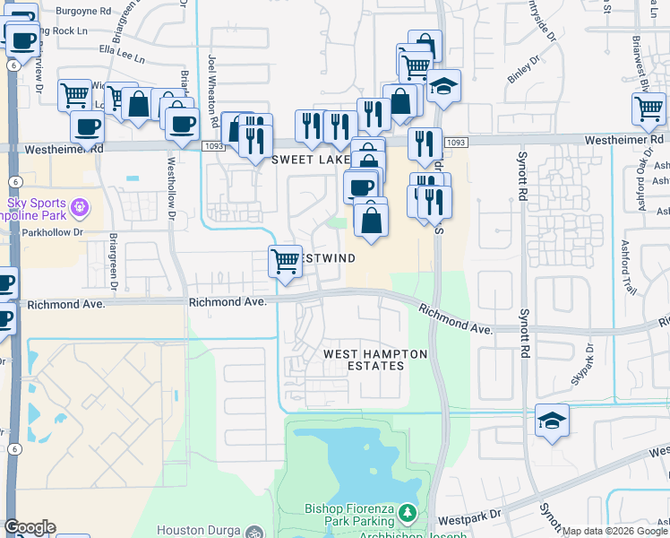 map of restaurants, bars, coffee shops, grocery stores, and more near 2963 Shadow Trail Drive in Houston