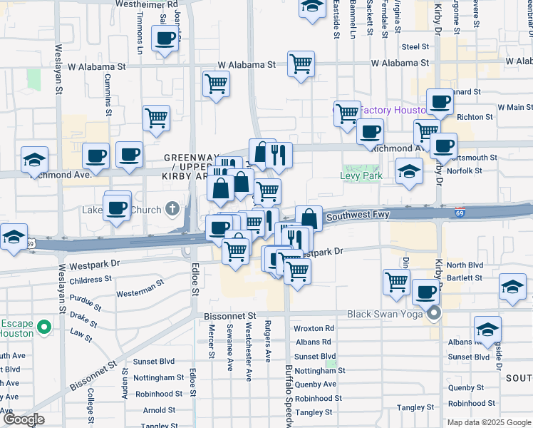 map of restaurants, bars, coffee shops, grocery stores, and more near 3200 Southwest Freeway in Houston