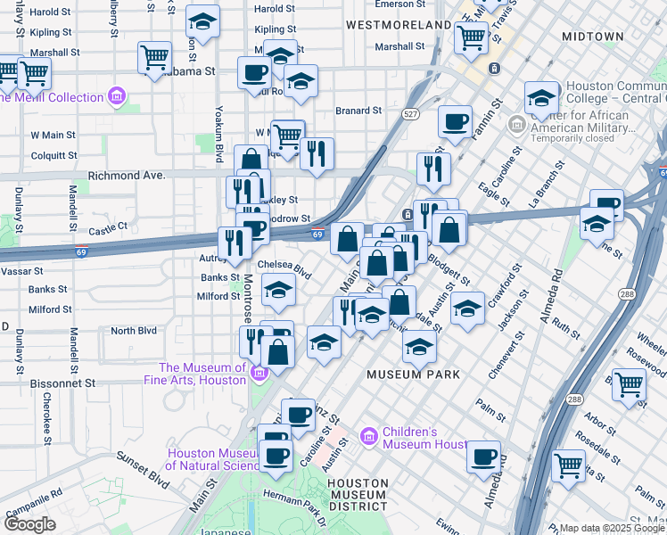 map of restaurants, bars, coffee shops, grocery stores, and more near 900 Rosedale Street in Houston