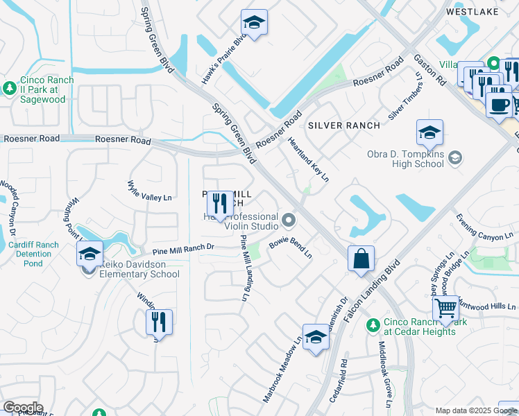 map of restaurants, bars, coffee shops, grocery stores, and more near 26515 Boulder Cove Court in Katy