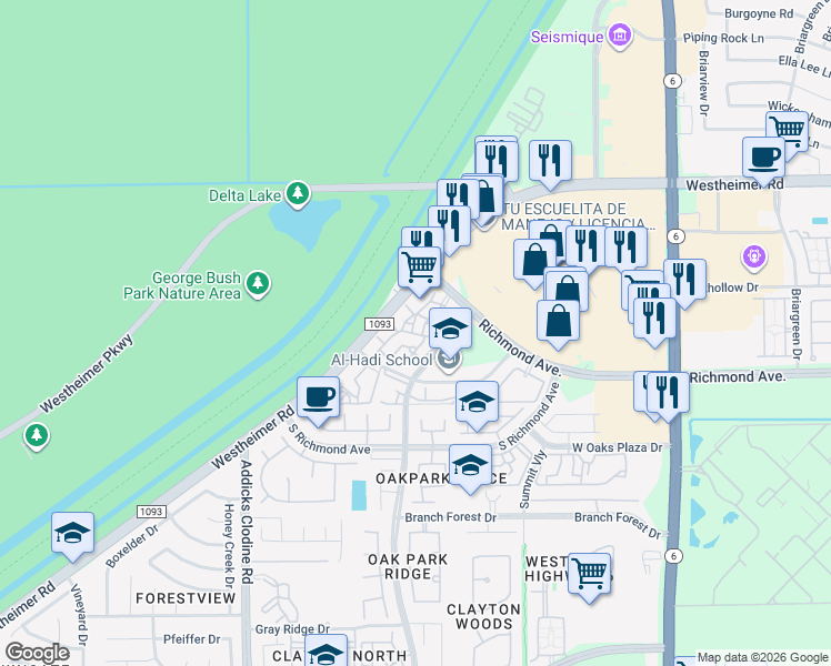map of restaurants, bars, coffee shops, grocery stores, and more near 14855 Richmond Avenue in Houston
