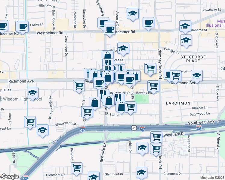 map of restaurants, bars, coffee shops, grocery stores, and more near 5920 Beverlyhill Street in Houston