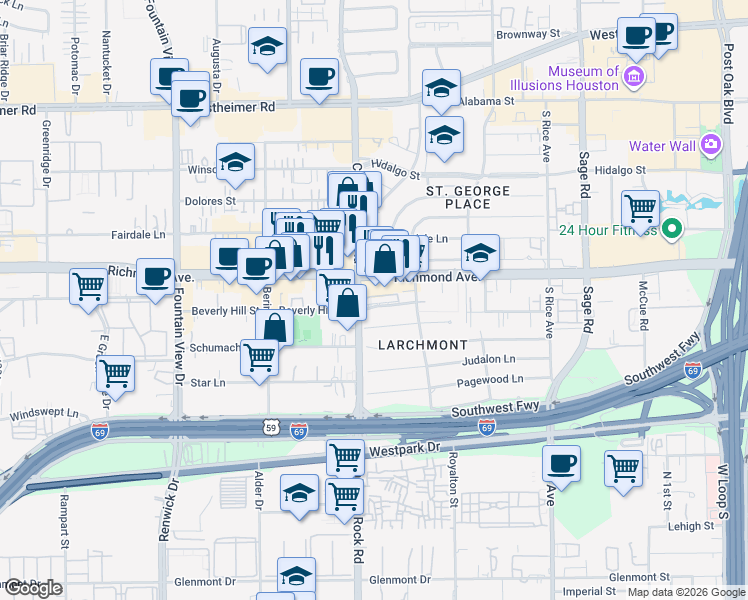 map of restaurants, bars, coffee shops, grocery stores, and more near 5554 Beverly Hill Street in Houston
