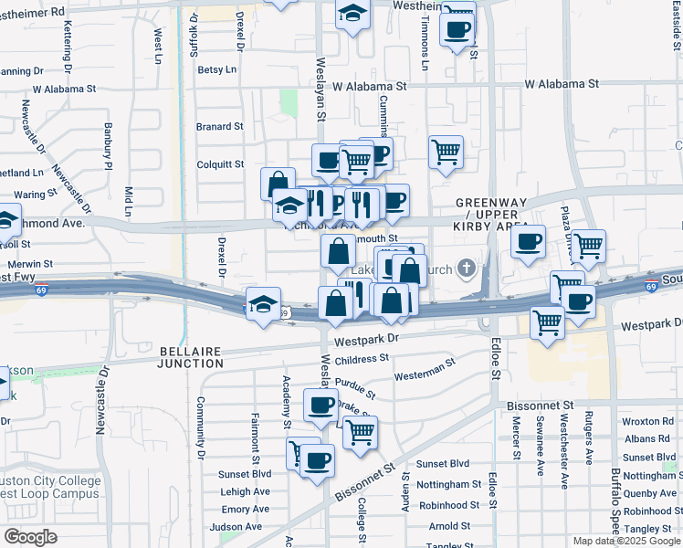 map of restaurants, bars, coffee shops, grocery stores, and more near 24 Greenway Plaza in Houston