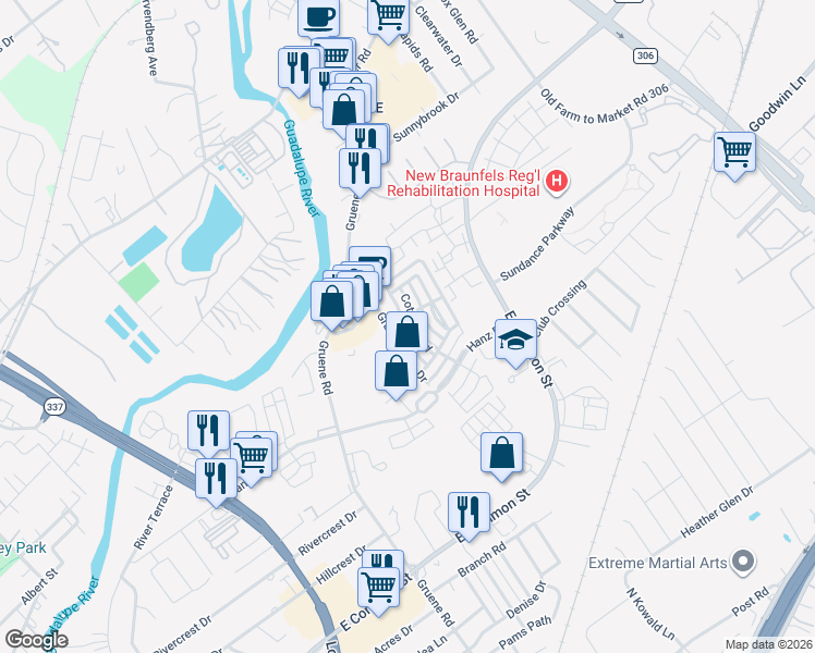map of restaurants, bars, coffee shops, grocery stores, and more near 2247 Gruene Lake Drive in New Braunfels