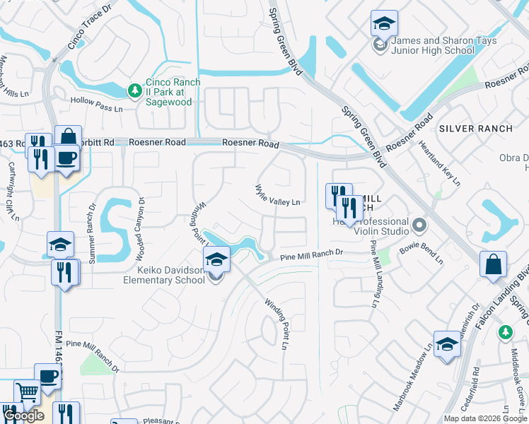 map of restaurants, bars, coffee shops, grocery stores, and more near 26806 Wolfs Hill Lane in Katy