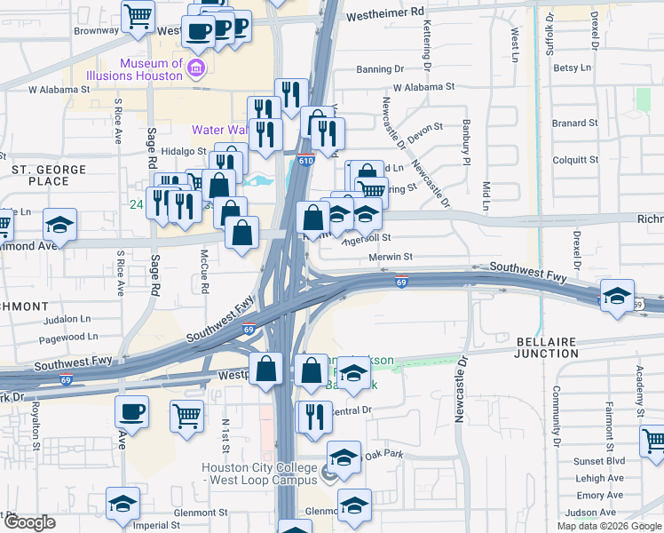 map of restaurants, bars, coffee shops, grocery stores, and more near 4807 Merwin Street in Houston