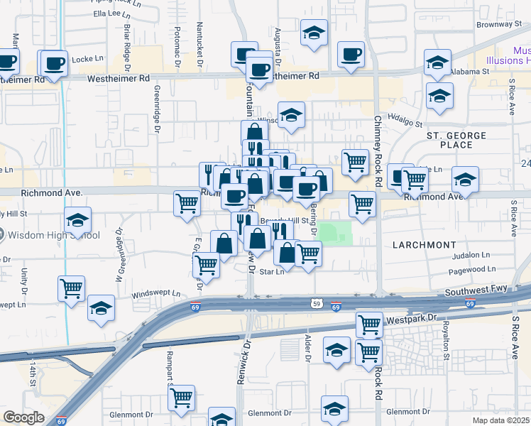 map of restaurants, bars, coffee shops, grocery stores, and more near 5920 Beverly Hill Street in Houston