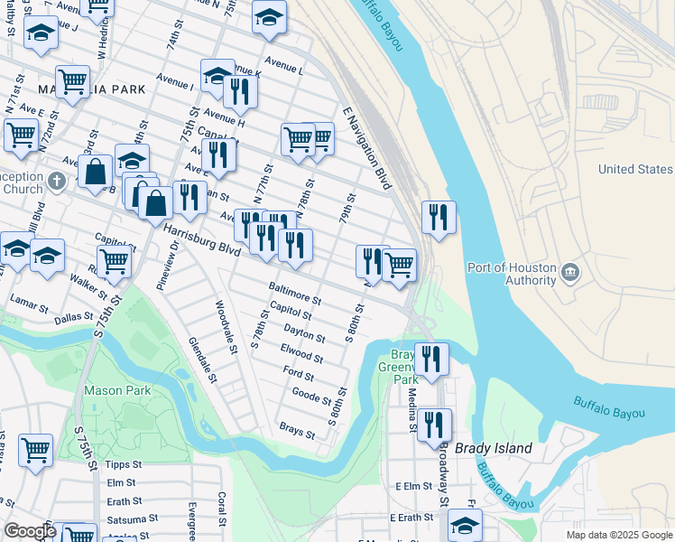 map of restaurants, bars, coffee shops, grocery stores, and more near 7923 Harrisburg Boulevard in Houston