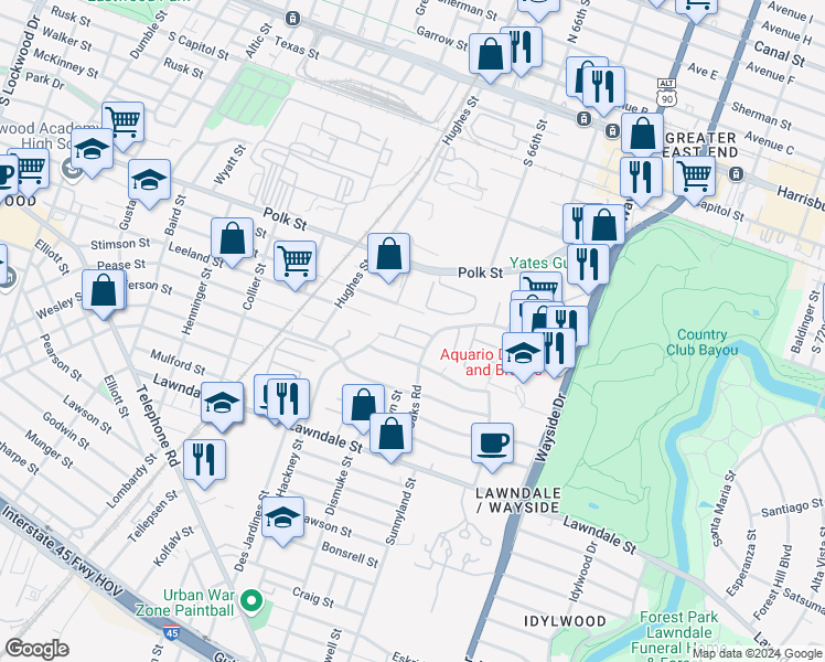 map of restaurants, bars, coffee shops, grocery stores, and more near 6315 Brookside Drive in Houston