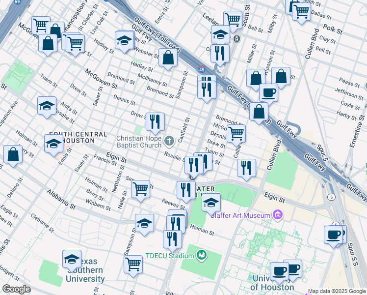 map of restaurants, bars, coffee shops, grocery stores, and more near 3007 Napoleon Street in Houston