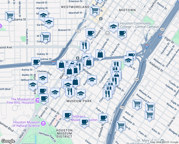 map of restaurants, bars, coffee shops, grocery stores, and more near 4717 Caroline Street in Houston