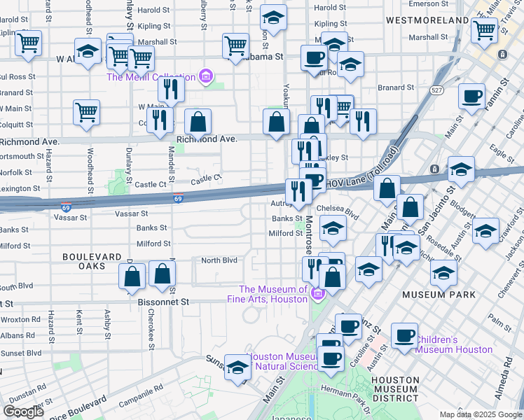 map of restaurants, bars, coffee shops, grocery stores, and more near 1201 Banks Street in Houston