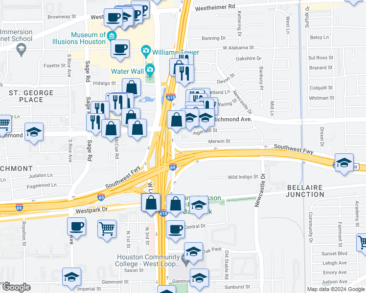map of restaurants, bars, coffee shops, grocery stores, and more near 4807 Merwin Street in Houston
