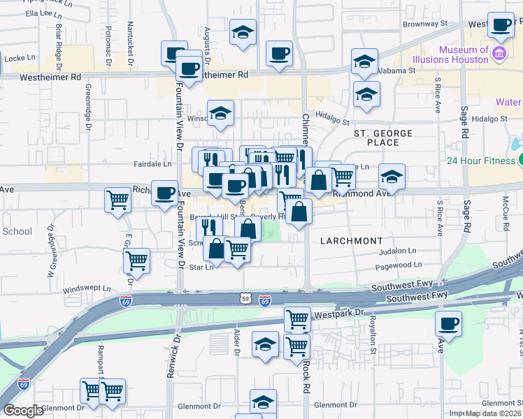 map of restaurants, bars, coffee shops, grocery stores, and more near 3210 West Park At Beverly Hills in Houston