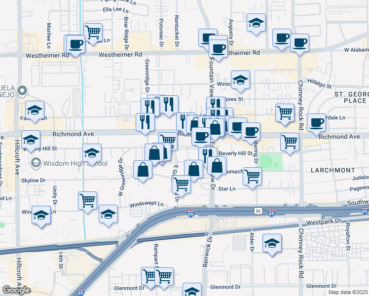 map of restaurants, bars, coffee shops, grocery stores, and more near 31 East Greenridge Drive in Houston